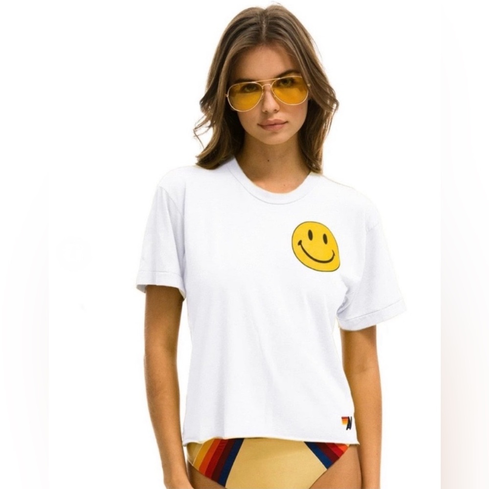 Aviator Nation White Tee with Red Trim & Yellow Smiley Patch - Picture 2 of 5